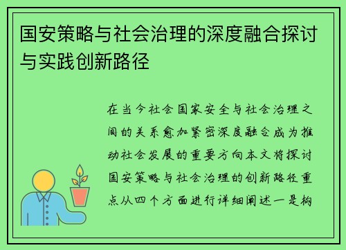 国安策略与社会治理的深度融合探讨与实践创新路径