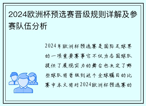 2024欧洲杯预选赛晋级规则详解及参赛队伍分析